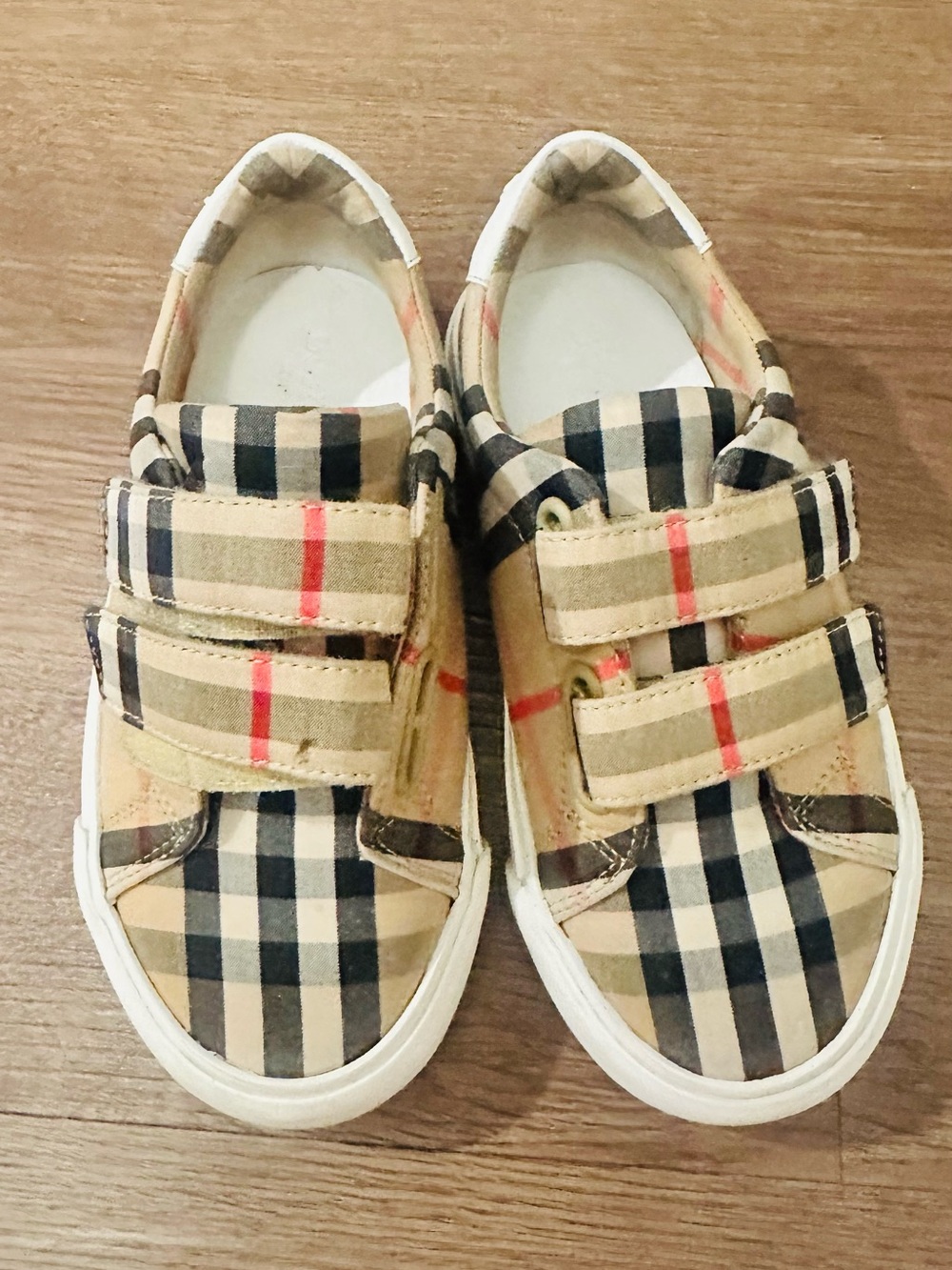 Burberry Kids Plaid Velcro Sneakers in Beige, Black and Red Accent